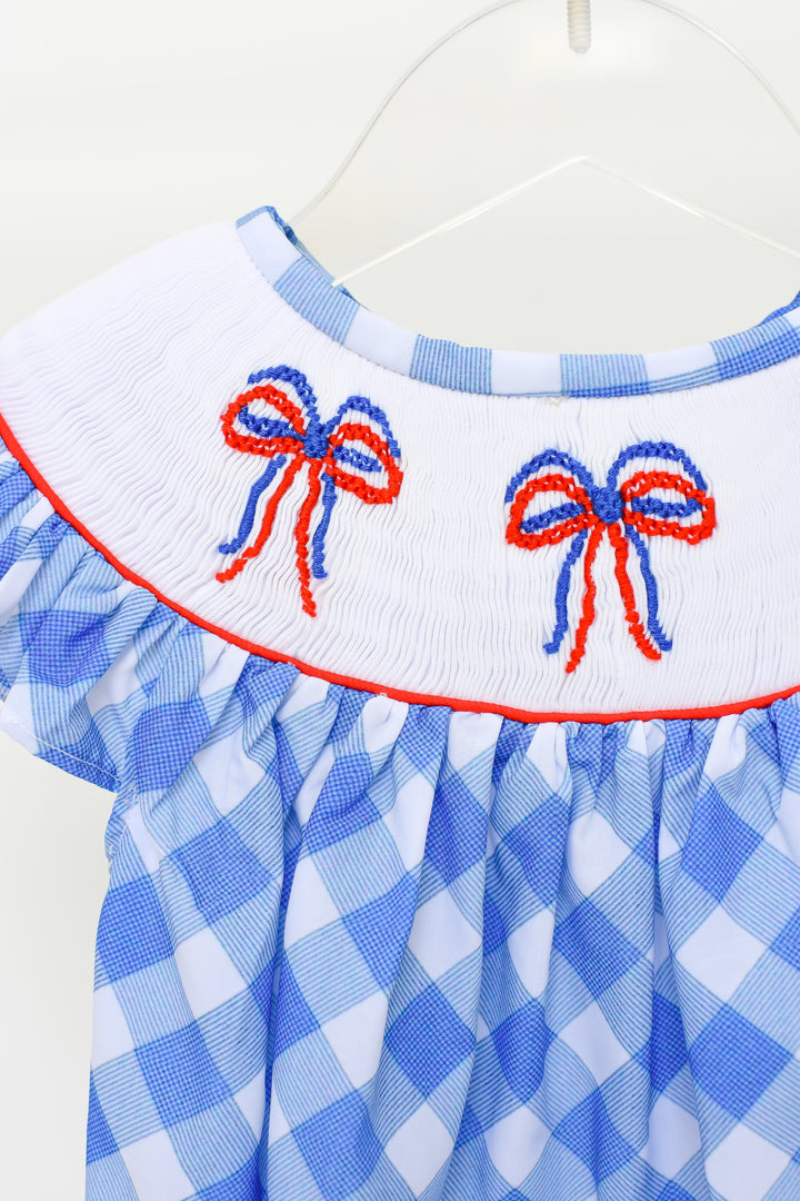 Patriotic Blue Gingham and Bow Smocked Bubble