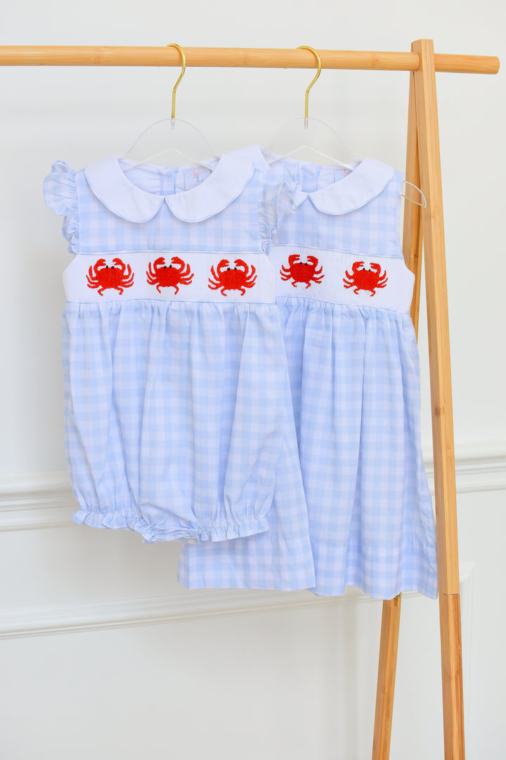 Blue Gingham Crab Smocked Dress