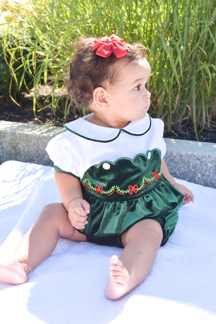 PRE-ORDER Girls Green Velvet Scallop Trim Bubble