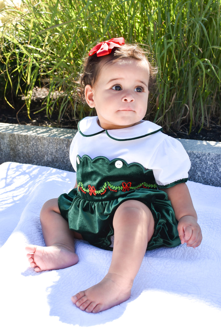 PRE-ORDER Girls Green Velvet Scallop Trim Bubble