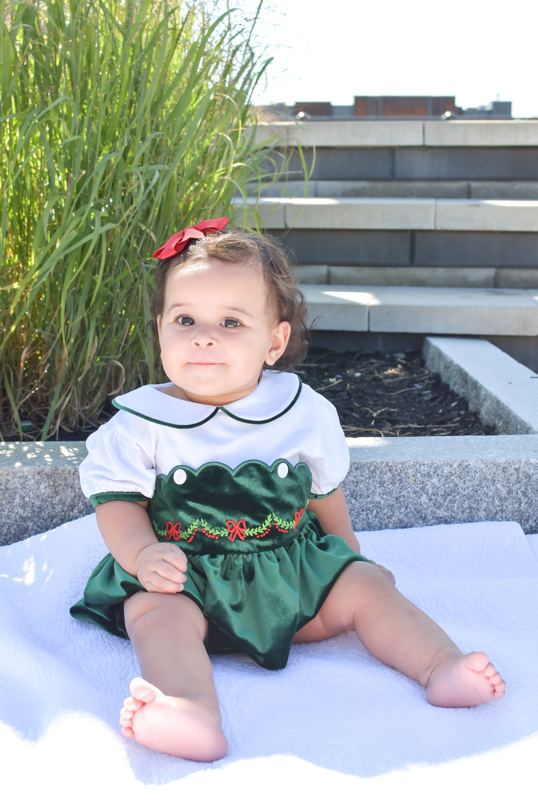 PRE-ORDER Girls Green Velvet Scallop Trim Bubble