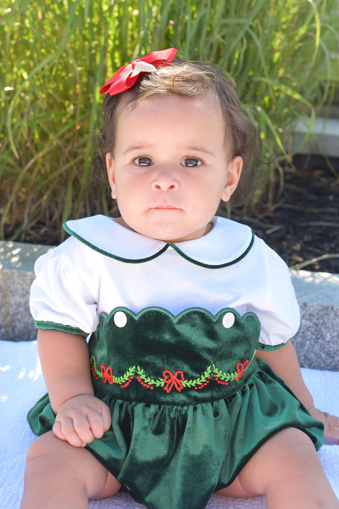 PRE-ORDER Girls Green Velvet Scallop Trim Bubble