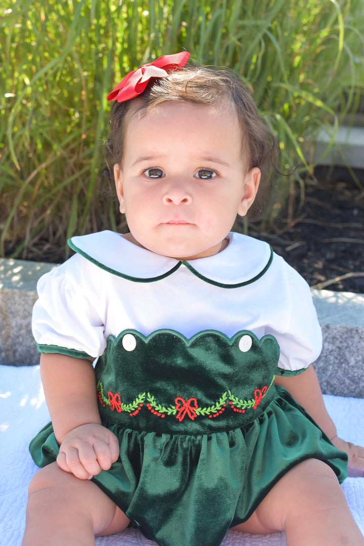 PRE-ORDER Girls Green Velvet Scallop Trim Bubble