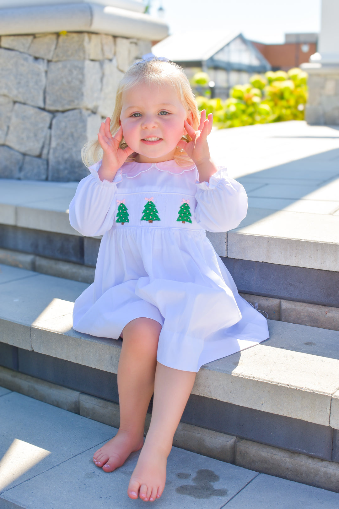 PRE-ORDER Girls White Christmas Tree Smocked Dress with Pink Scalloped Collar