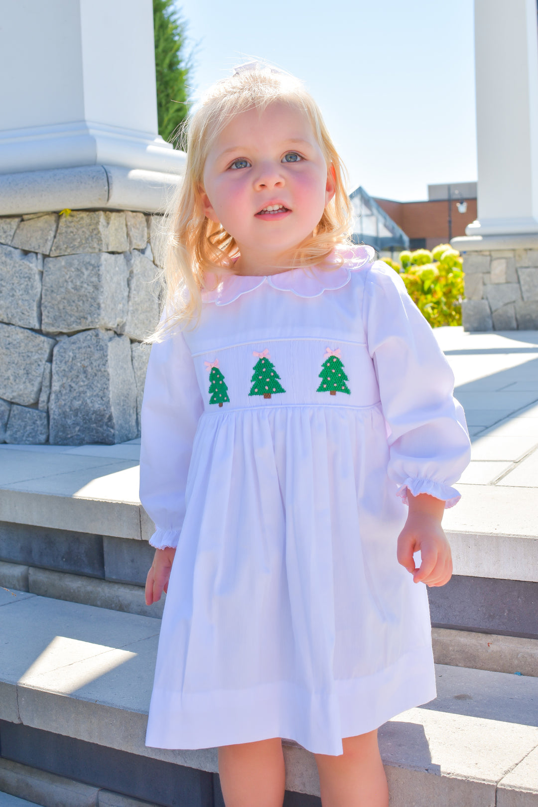 PRE-ORDER Girls White Christmas Tree Smocked Dress with Pink Scalloped Collar
