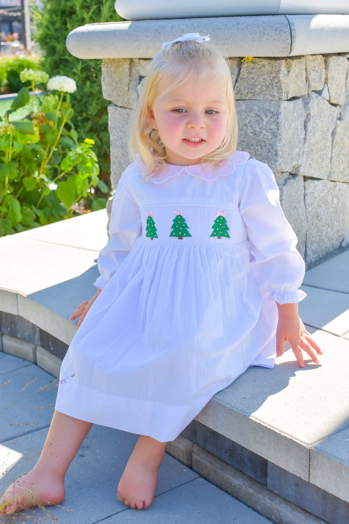 PRE-ORDER Girls White Christmas Tree Smocked Dress with Pink Scalloped Collar