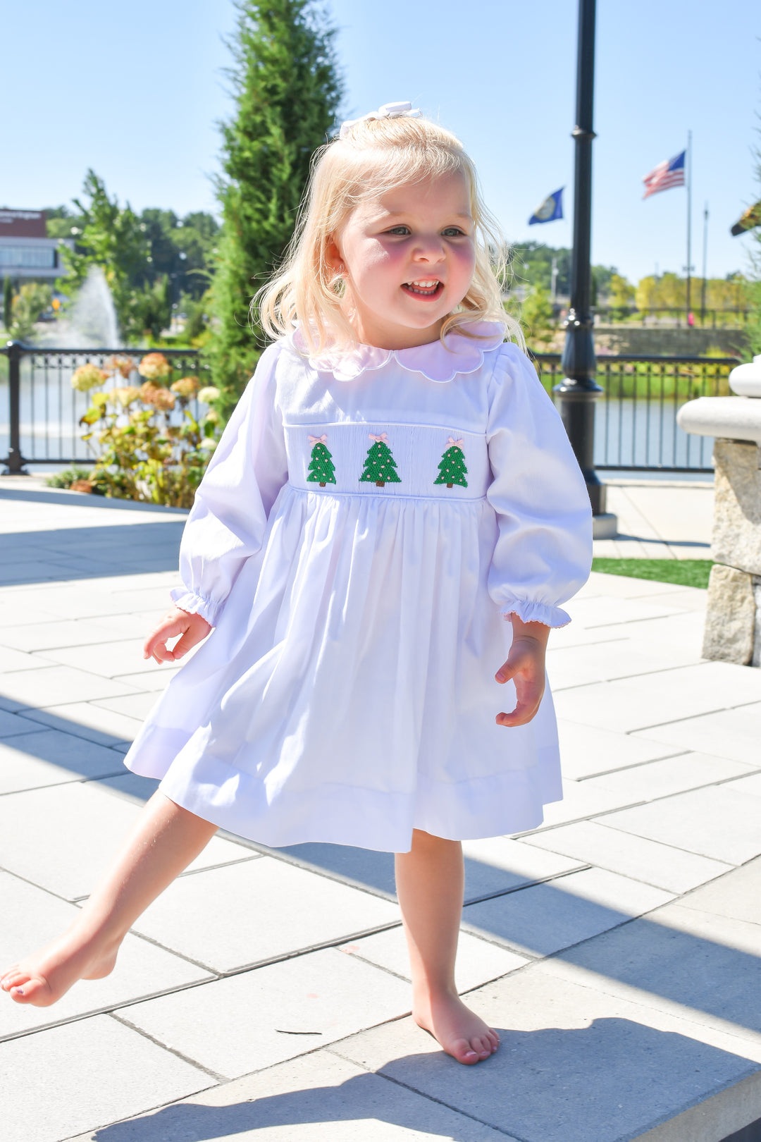 PRE-ORDER Girls White Christmas Tree Smocked Dress with Pink Scalloped Collar