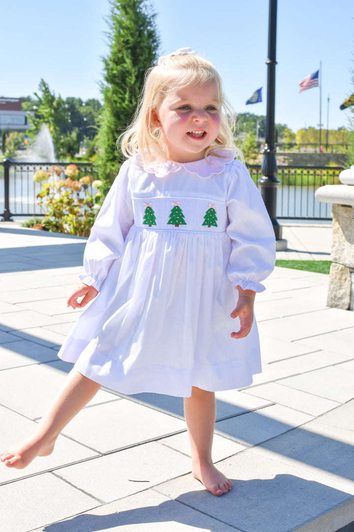 PRE-ORDER Girls White Christmas Tree Smocked Dress with Pink Scalloped Collar