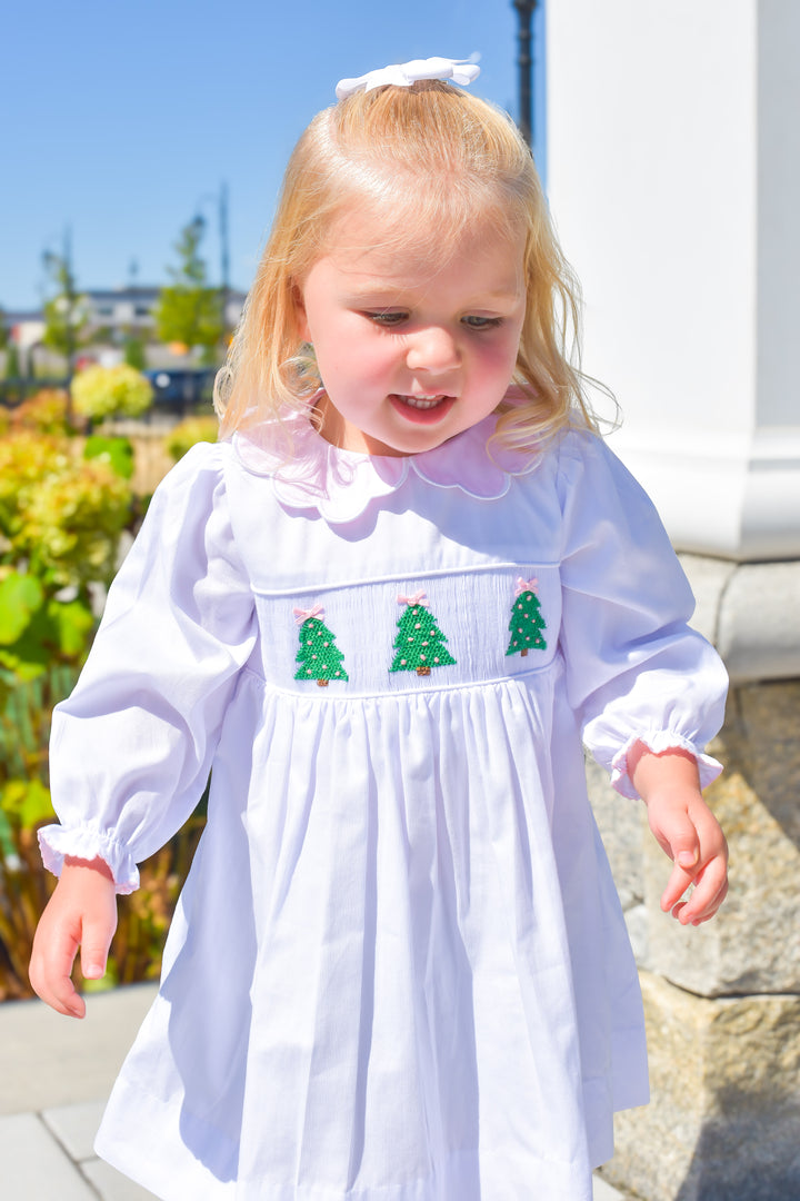 PRE-ORDER Girls White Christmas Tree Smocked Dress with Pink Scalloped Collar