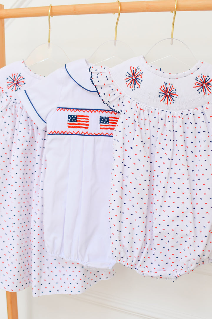 PRE-ORDER Patriotic Boys White Smocked American Flag Bubble