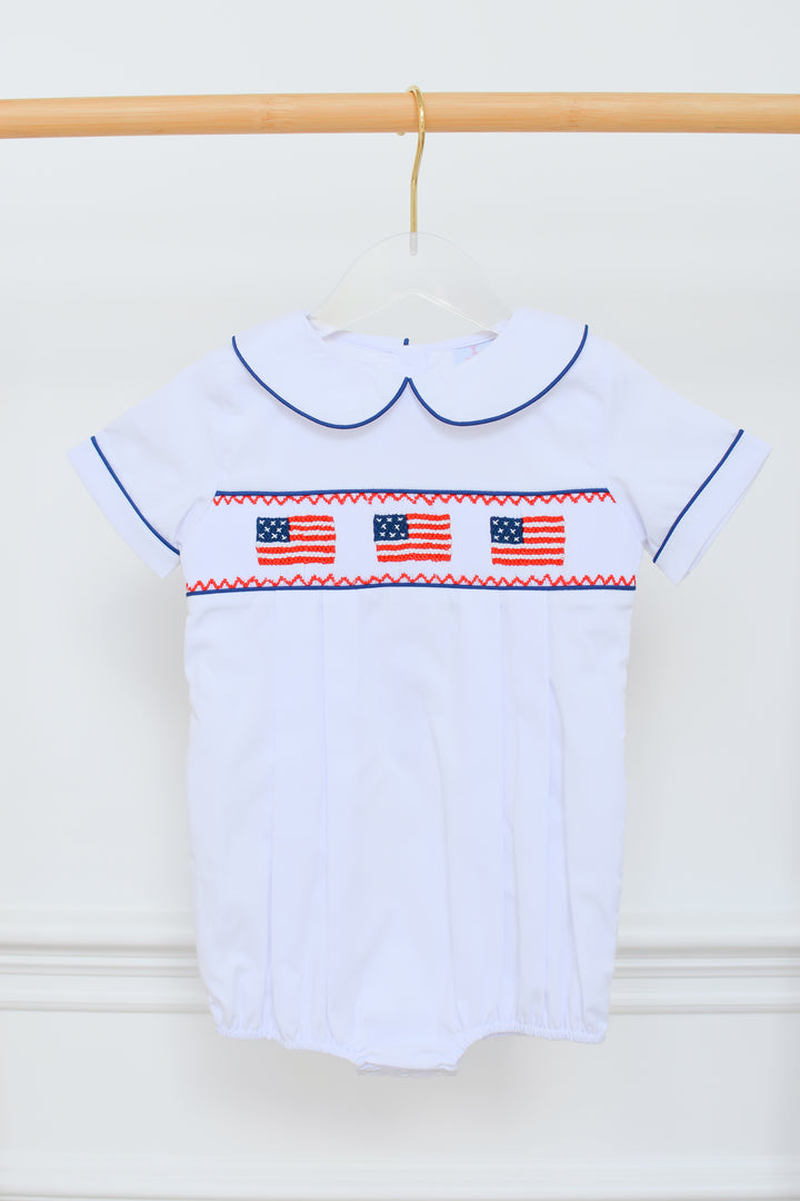 PRE-ORDER Patriotic Boys White Smocked American Flag Bubble