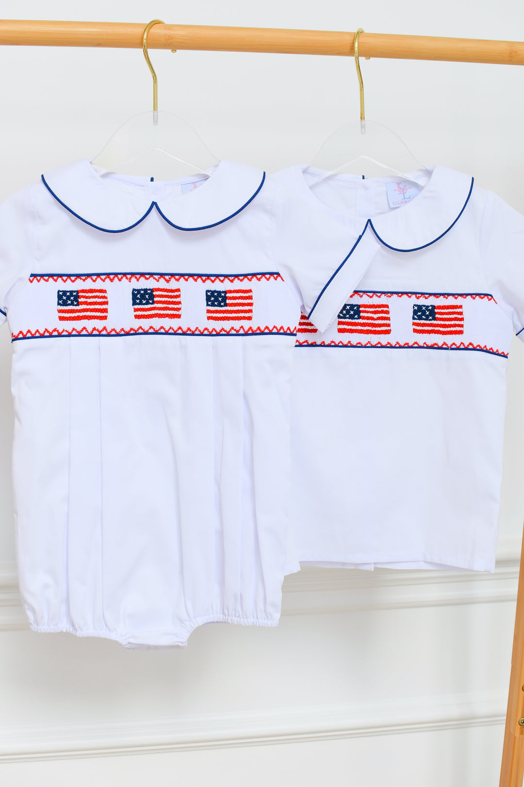PRE-ORDER Patriotic Boys White Smocked American Flag Bubble