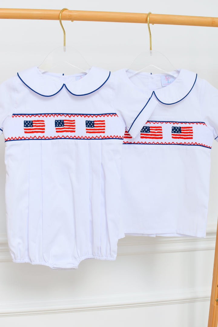 PRE-ORDER Patriotic Boys White Smocked American Flag Bubble