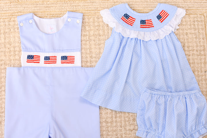 PRE-ORDER Patriotic Light Blue Boys Smocked Shortall