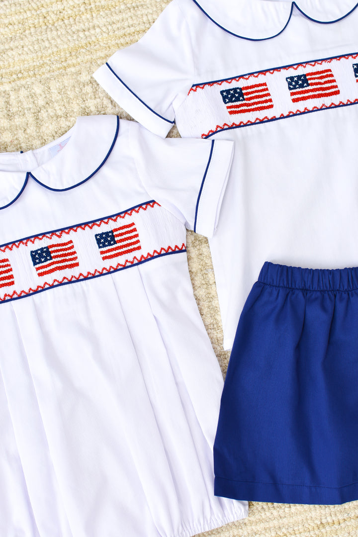 PRE-ORDER Patriotic Boys White Smocked American Flag Bubble