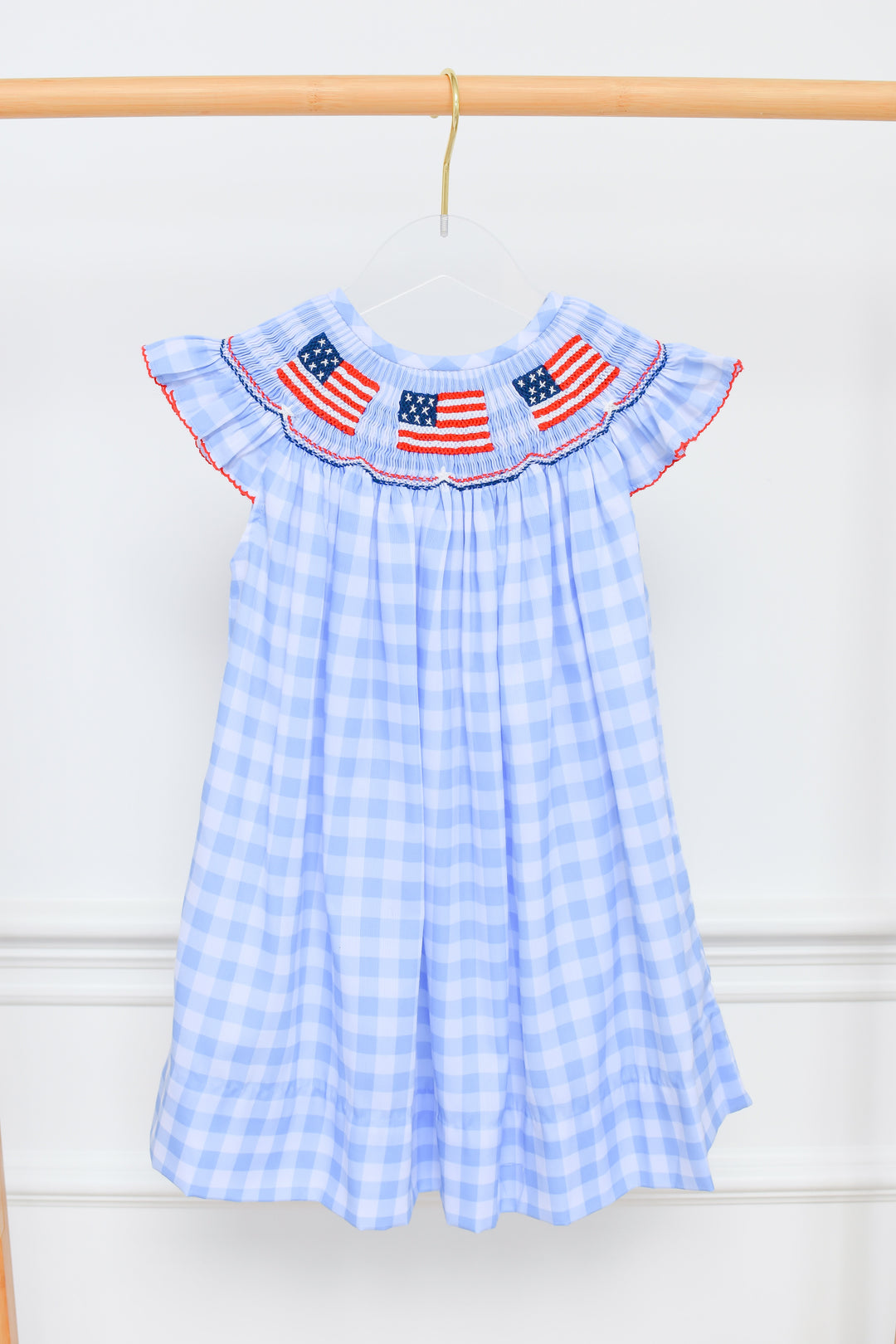 Patriotic Blue Gingham American Flag Smocked Dress Lillie & Lilah Patriotic Blue Gingham American Flag Smocked Dress Lillie & Lilah