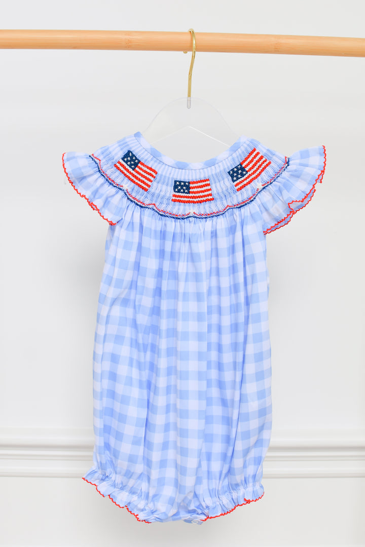 Patriotic Blue Gingham American Flag Smocked Bubble