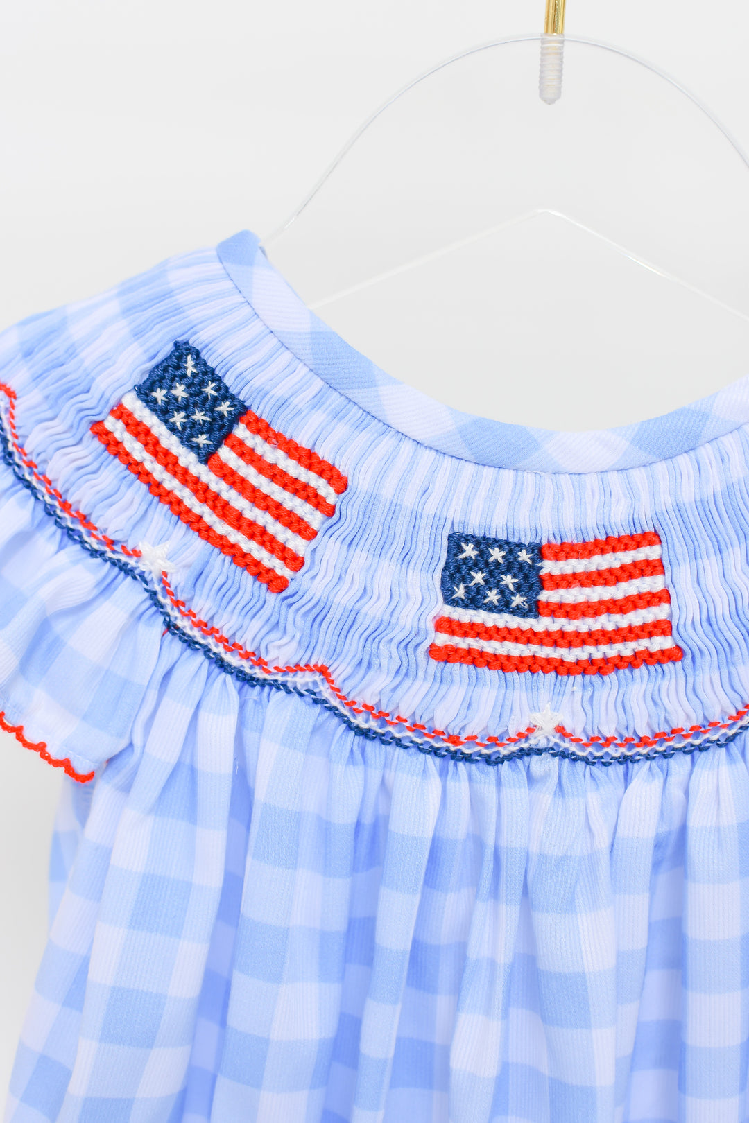 Patriotic Blue Gingham American Flag Smocked Bubble