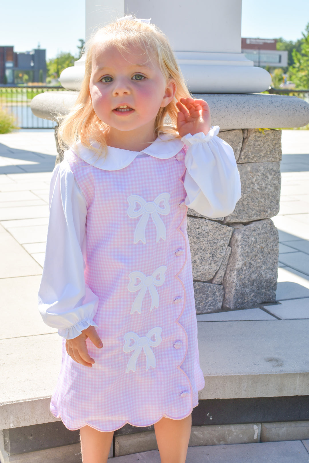 PRE-ORDER Girls Pink Gingham Bow Scalloped Dress Set