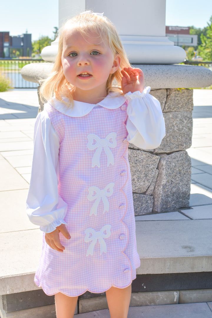 PRE-ORDER Girls Pink Gingham Bow Scalloped Dress Set