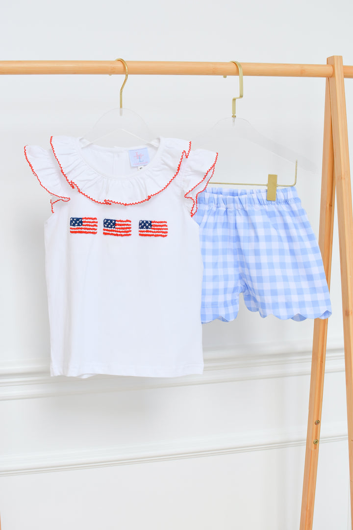 PRE-ORDER Patriotic Blue Gingham American Flag Smocked Short Set