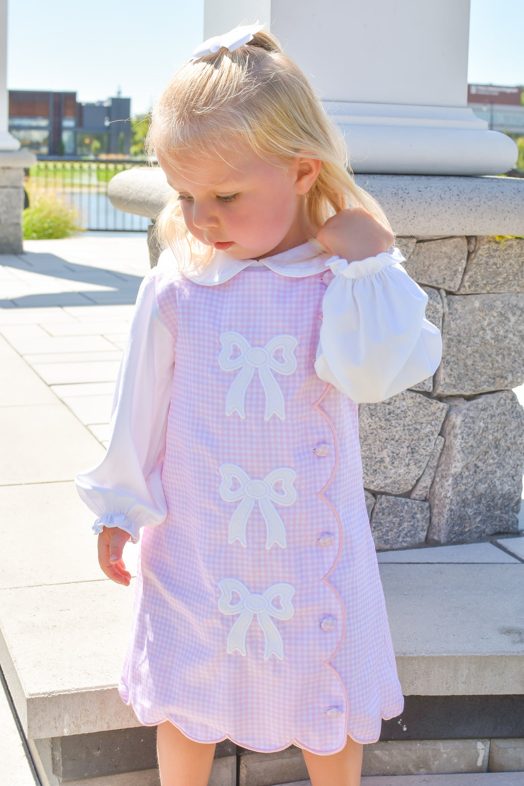 PRE-ORDER Girls Pink Gingham Bow Scalloped Dress Set