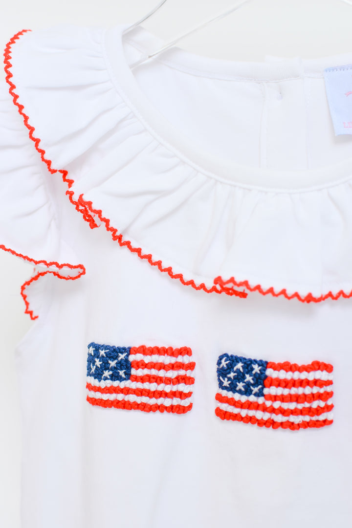 PRE-ORDER Patriotic Blue Gingham American Flag Smocked Short Set