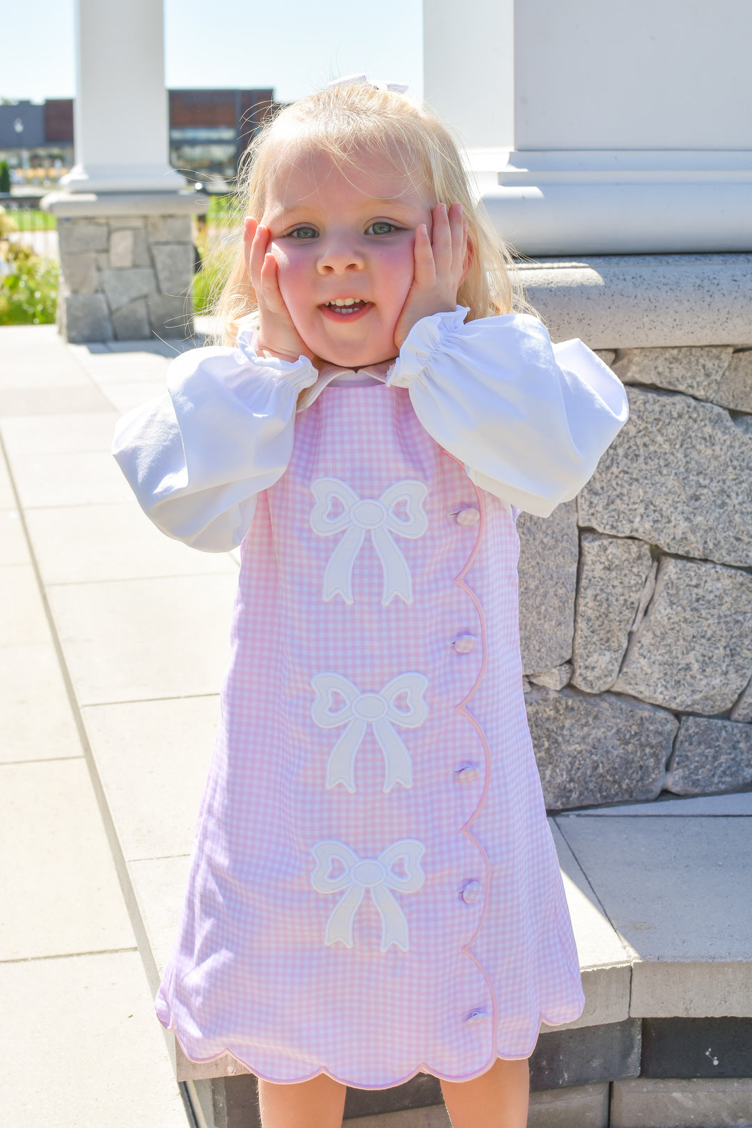 PRE-ORDER Girls Pink Gingham Bow Scalloped Dress Set