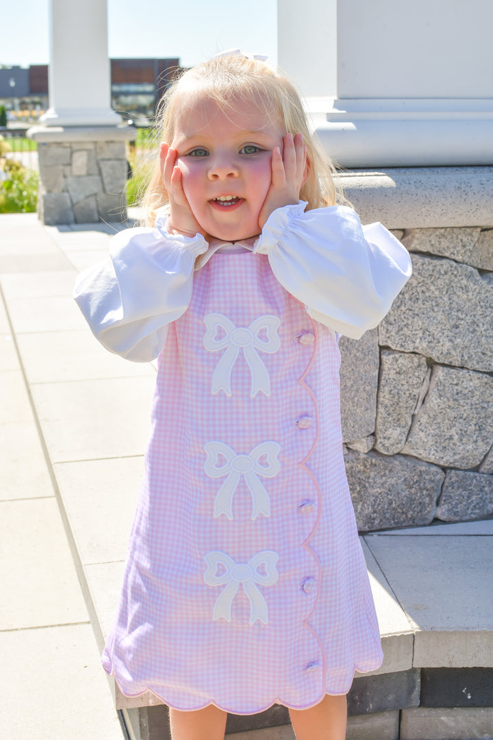 PRE-ORDER Girls Pink Gingham Bow Scalloped Dress Set