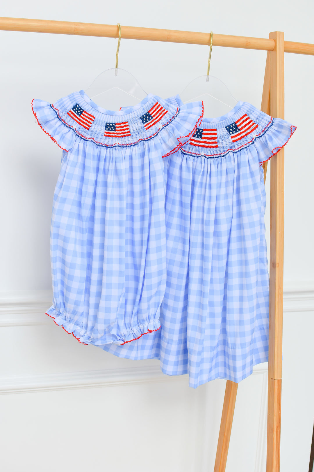 Patriotic Blue Gingham American Flag Smocked Bubble