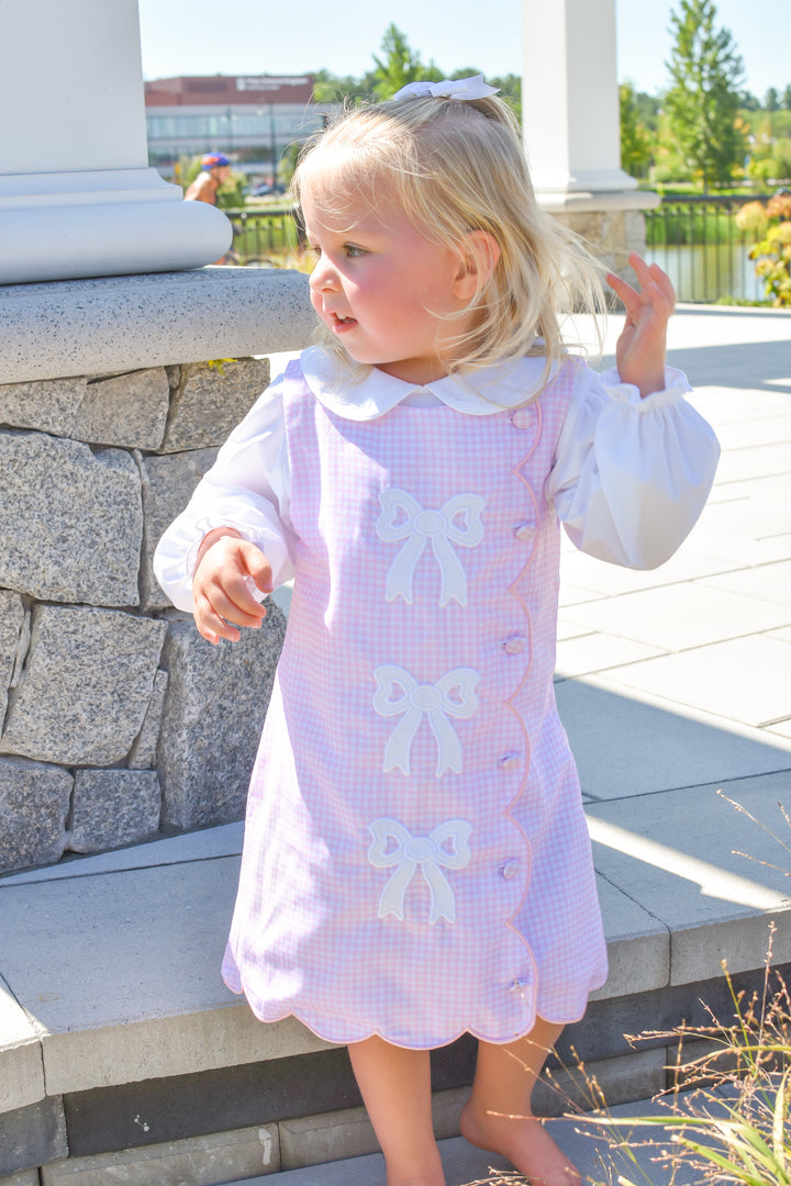PRE-ORDER Girls Pink Gingham Bow Scalloped Dress Set