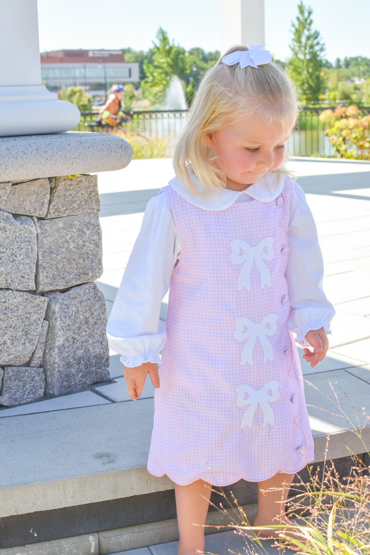 PRE-ORDER Girls Pink Gingham Bow Scalloped Dress Set