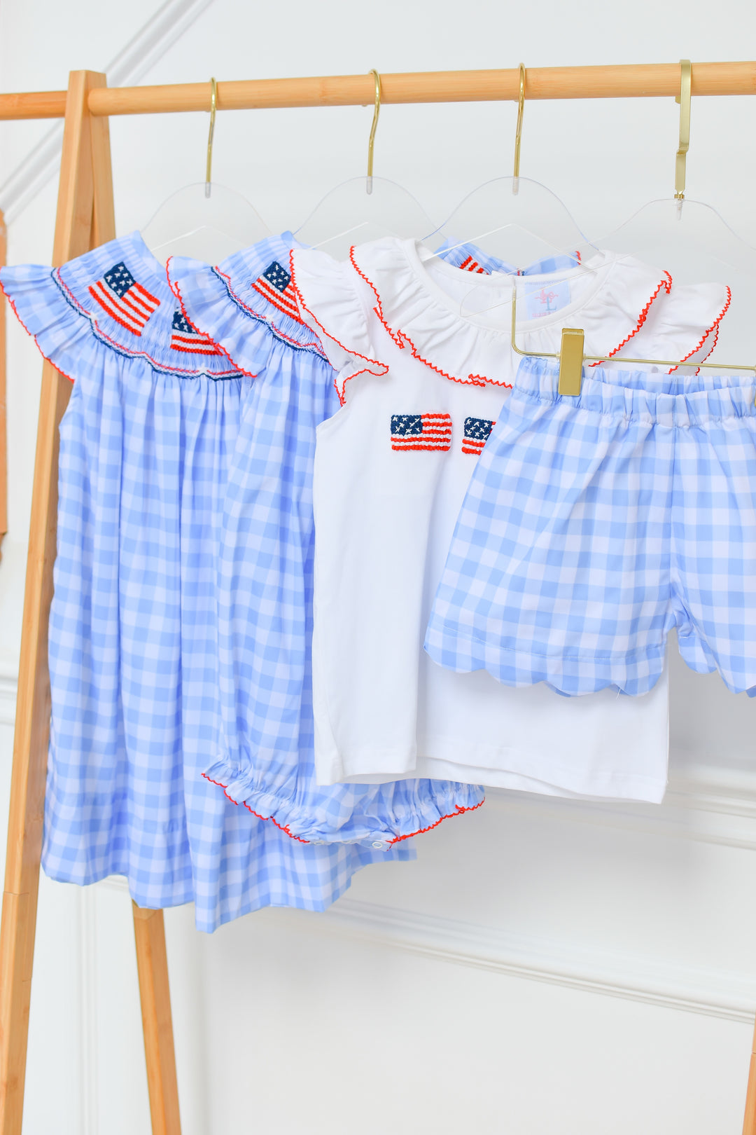 PRE-ORDER Patriotic Blue Gingham American Flag Smocked Short Set