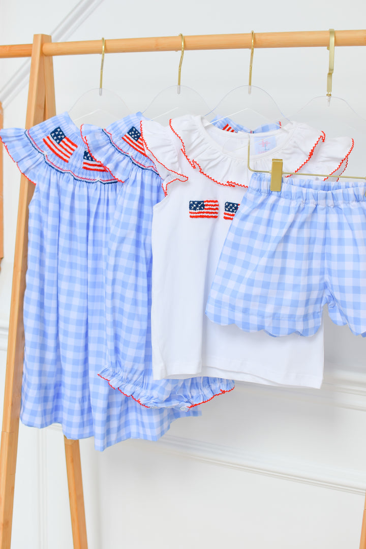 PRE-ORDER Patriotic Blue Gingham American Flag Smocked Short Set