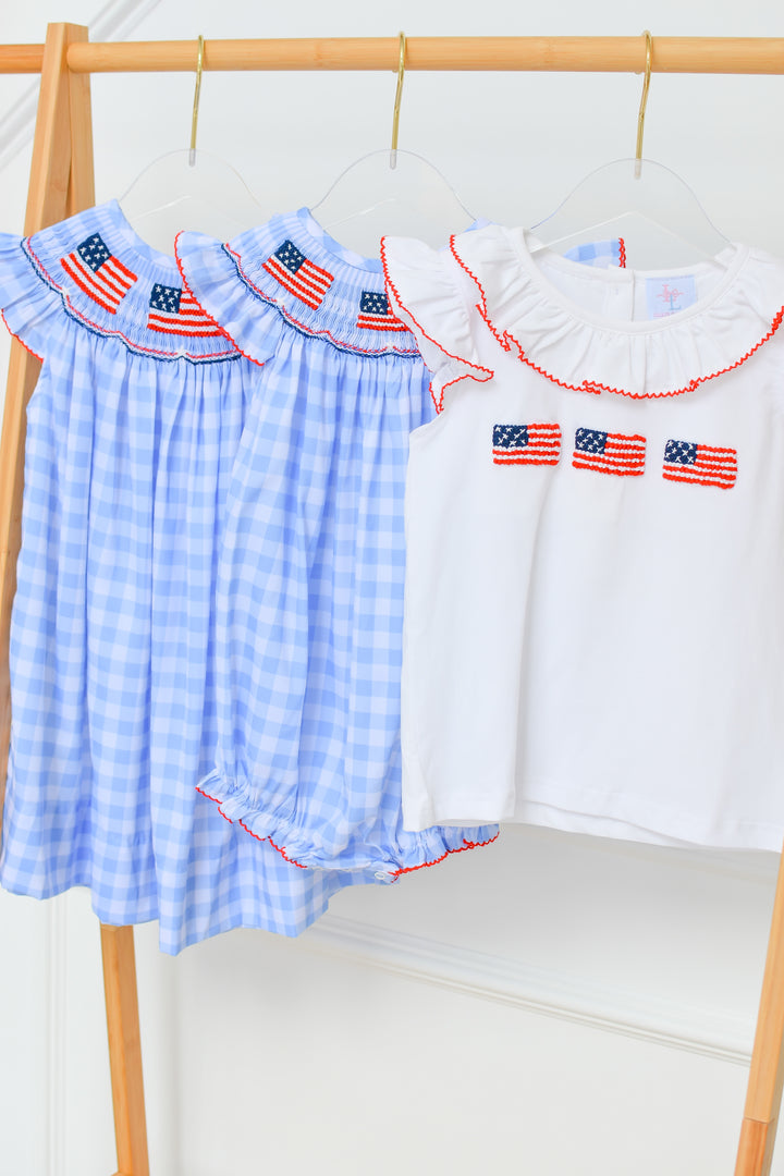 PRE-ORDER Patriotic Blue Gingham American Flag Smocked Short Set