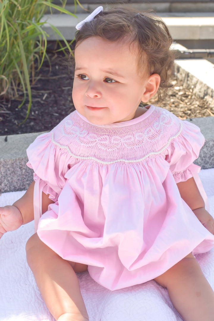PRE-ORDER Girls Pink Bow Smocked Bubble with Pearls