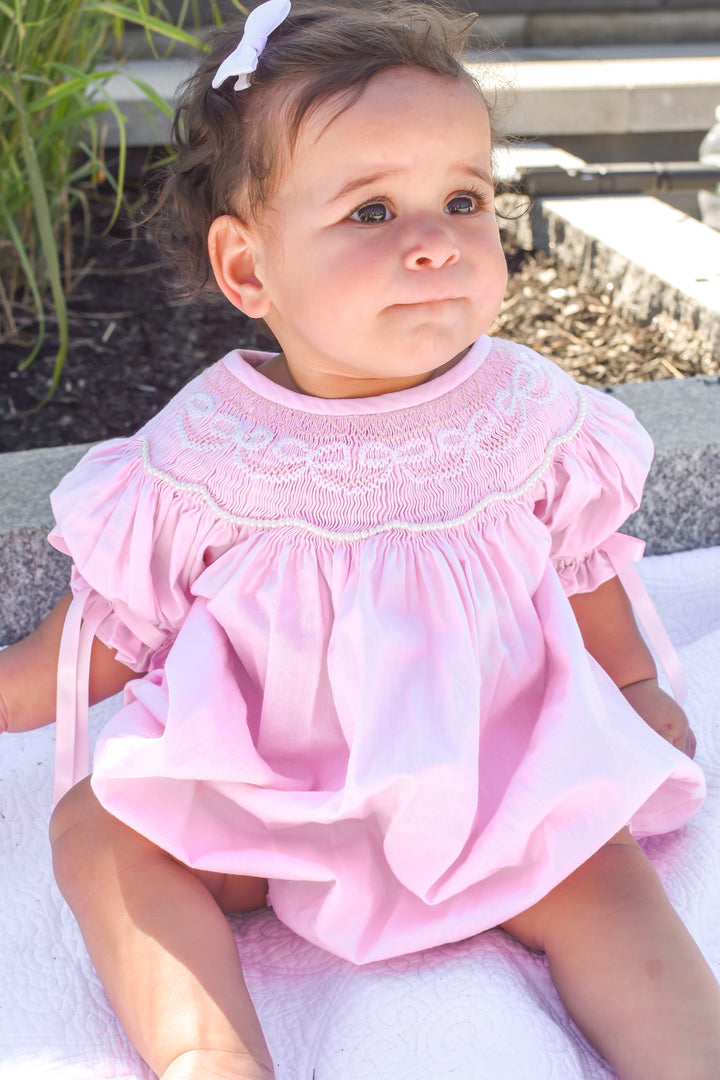 PRE-ORDER Girls Pink Bow Smocked Bubble with Pearls