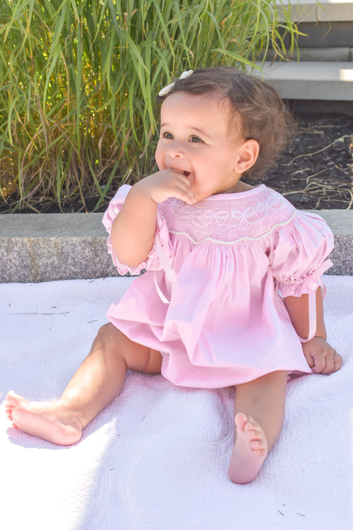 PRE-ORDER Girls Pink Bow Smocked Bubble with Pearls