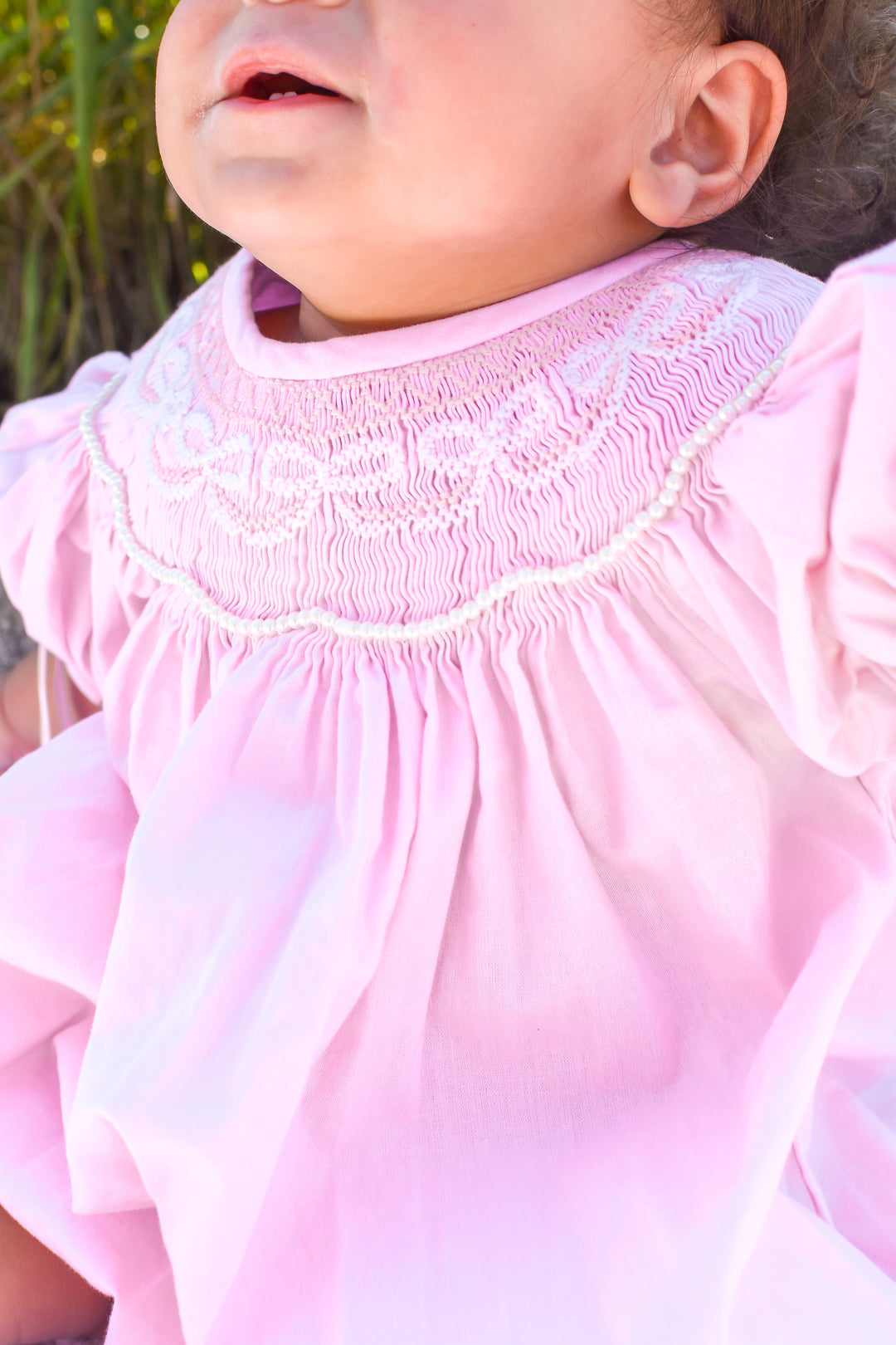 PRE-ORDER Girls Pink Bow Smocked Bubble with Pearls