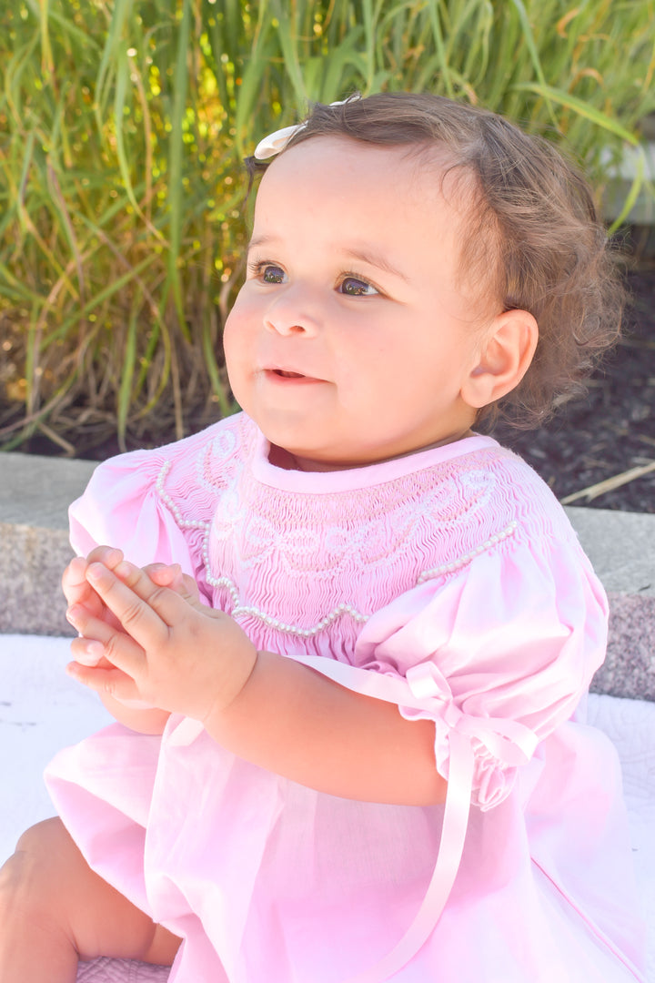PRE-ORDER Girls Pink Bow Smocked Bubble with Pearls
