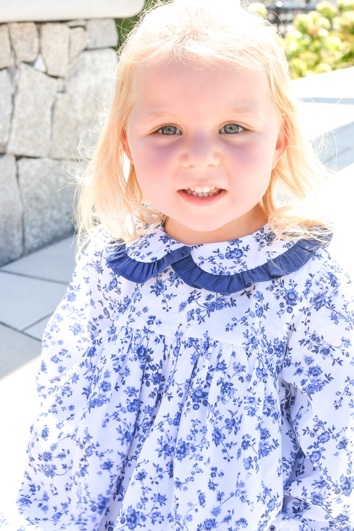 Girls Navy Collar Blue Floral Long Sleeve Dress