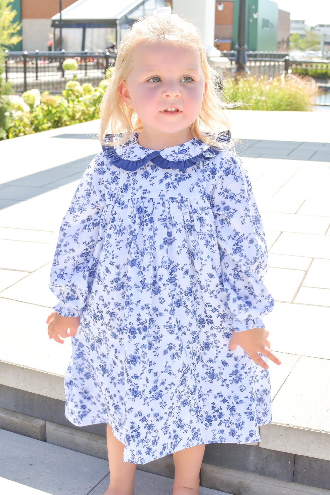 Girls Navy Collar Blue Floral Long Sleeve Dress
