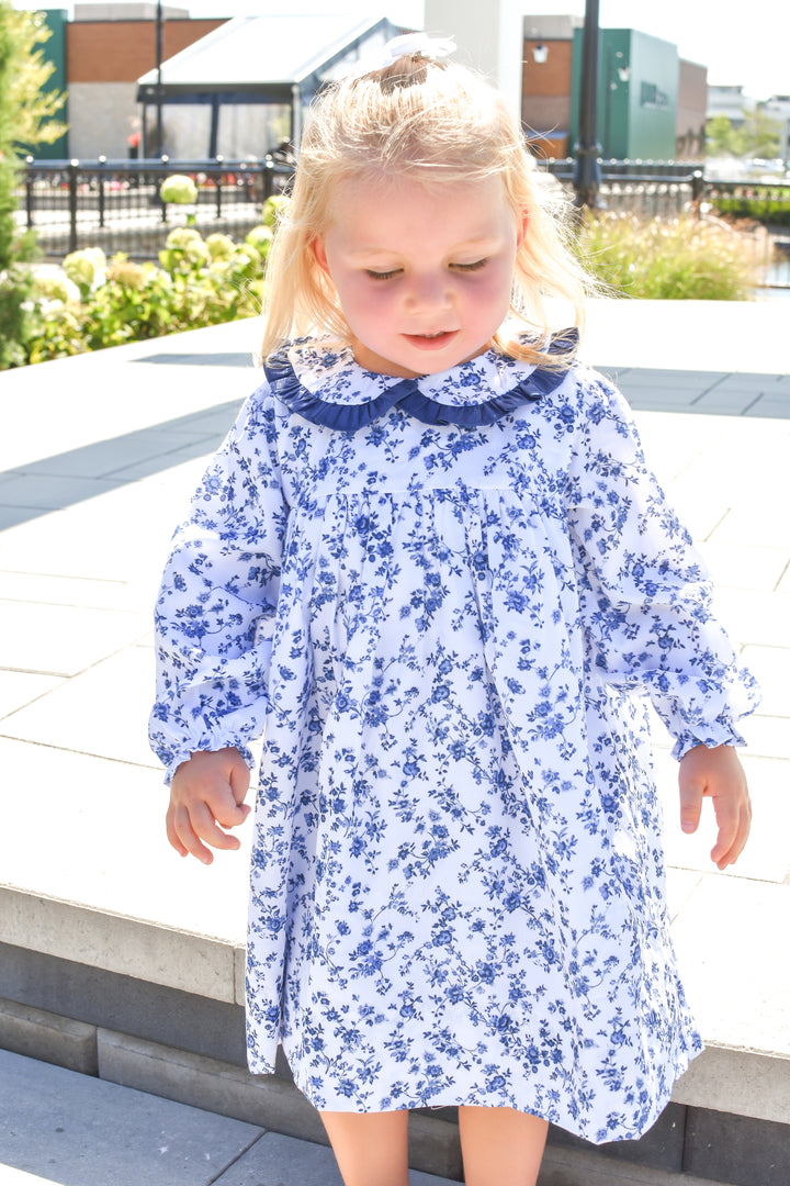Girls Navy Collar Blue Floral Long Sleeve Dress