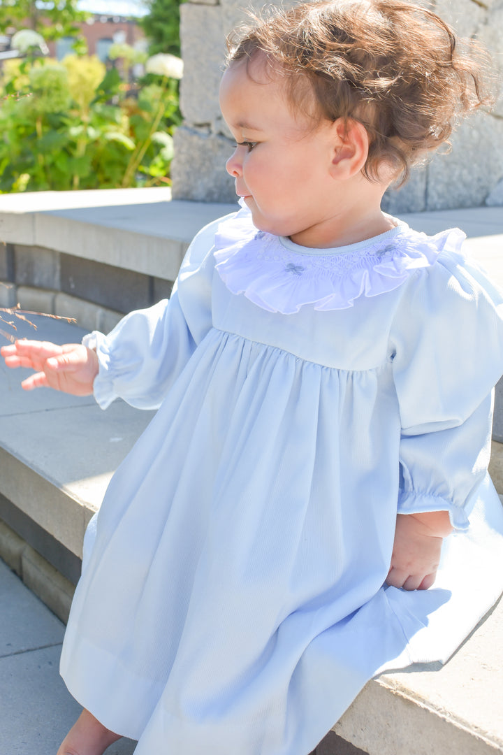 PRE-ORDER Girls Blue Corduroy Smocked Holiday Dress