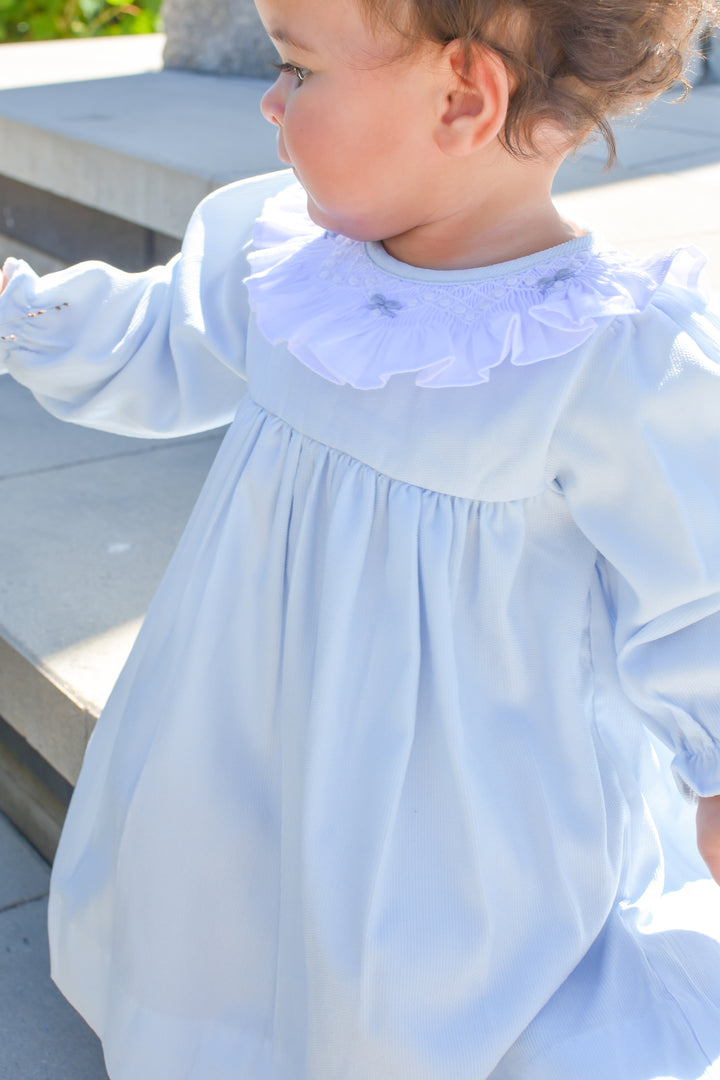 PRE-ORDER Girls Blue Corduroy Smocked Holiday Dress