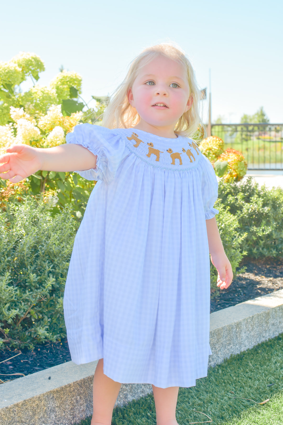 Girls Blue Gingham Puppy Smocked Dress