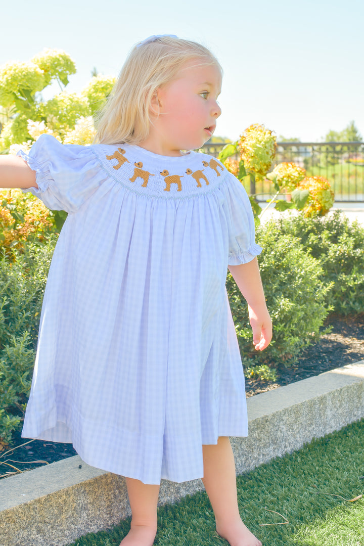 Girls Blue Gingham Puppy Smocked Dress