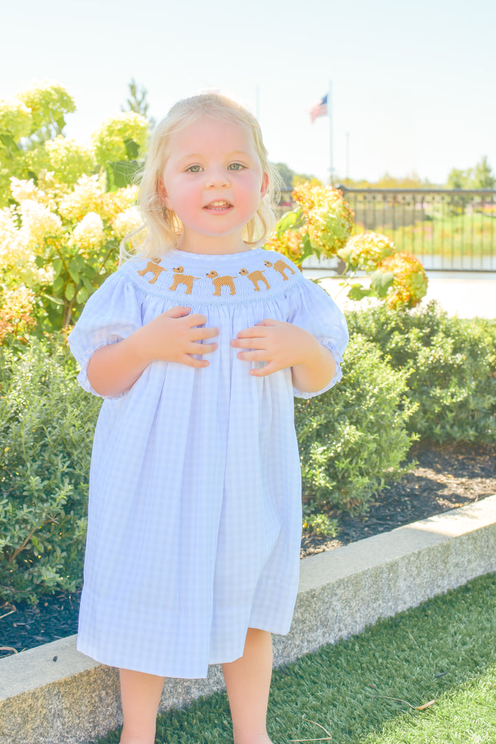 Girls Blue Gingham Puppy Smocked Dress