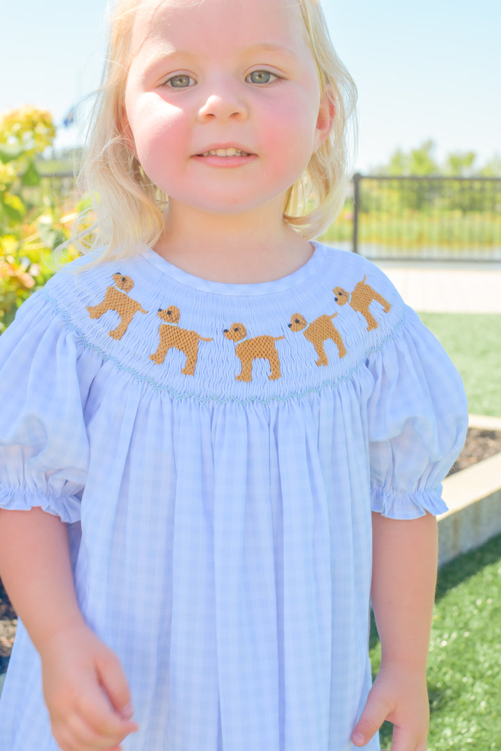 Girls Blue Gingham Puppy Smocked Dress