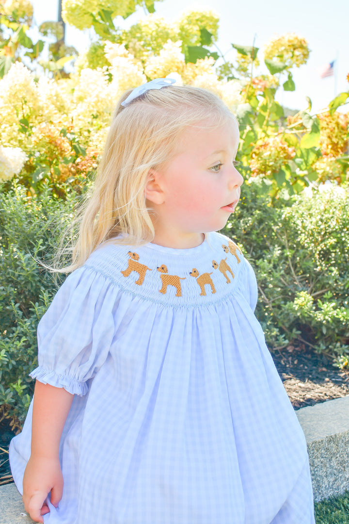 Girls Blue Gingham Puppy Smocked Dress